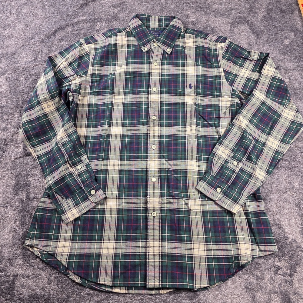 Polo Ralph Lauren Classic Fit Oxford Plaid Shirt Mens L Preppy Green White Blue